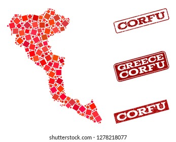 Geographic collage of dot mosaic map of Corfu Island and red rectangle grunge stamp watermarks. Vector map of Corfu Island designed with red square mosaic items. Flat design for geographic posters.