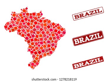 Geographic collage of dot mosaic map of Brazil and red rectangle grunge stamp watermarks. Vector map of Brazil composed with red square points. Flat design for geographic illustrations.