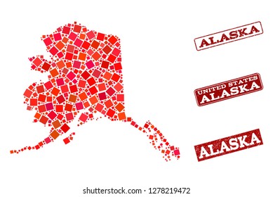 Geographic collage of dot mosaic map of Alaska State and red rectangle grunge stamp imprints. Vector map of Alaska State designed with red square mosaic items. Flat design for geographic purposes.