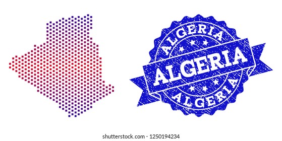 Geographic collage of dotted map of Algeria and grunge seal. Mosaic vector map of Algeria created with square dots and gradient from blue to red color. Flat design for patriotic illustrations.