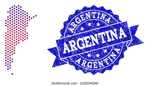 Geographic collage of dotted map of Argentina and grunge stamp. Mosaic vector map of Argentina designed with square dots and gradient from blue to red color. Flat design for patriotic illustrations.