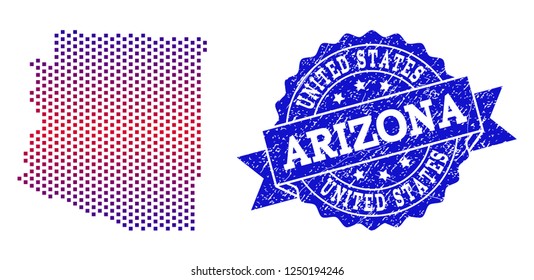 Geographic collage of dotted map of Arizona State and grunge seal stamp. Mosaic vector map of Arizona State composed with square dots and gradient from blue to red color.