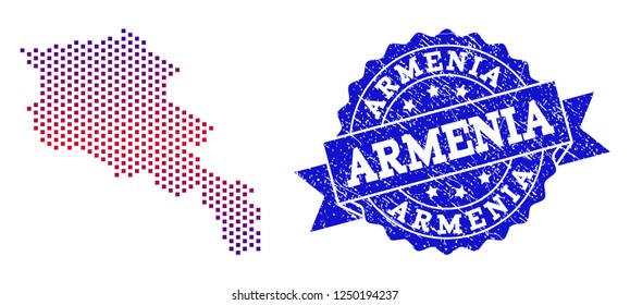 Geographic collage of dotted map of Armenia and grunge seal. Mosaic vector map of Armenia designed with square dots and gradient from blue to red color. Flat design for patriotic posters.