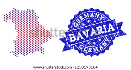 Geographic collage of dotted map of Bavaria State and grunge seal stamp. Mosaic vector map of Bavaria State created with square dots and gradient from blue to red color.