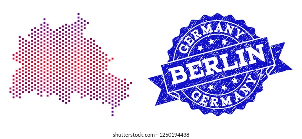 Geographic collage of dotted map of Berlin City and grunge stamp. Mosaic vector map of Berlin City designed with square dots and gradient from blue to red color.