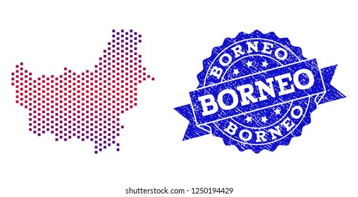 Geographic collage of dotted map of Borneo Island and grunge seal stamp. Mosaic vector map of Borneo Island created with square dots and gradient from blue to red color.