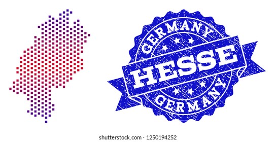Geographic collage of dotted map of Hesse State and grunge seal stamp. Mosaic vector map of Hesse State created with square dots and gradient from blue to red color.