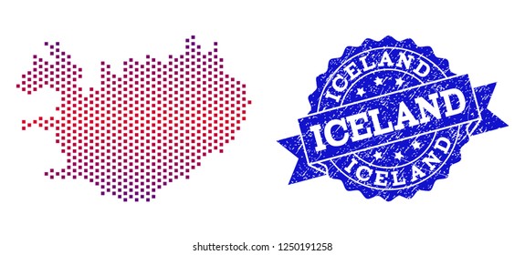 Geographic collage of dotted map of Iceland and grunge stamp. Mosaic vector map of Iceland composed with square dots and gradient from blue to red color. Flat design for patriotic illustrations.