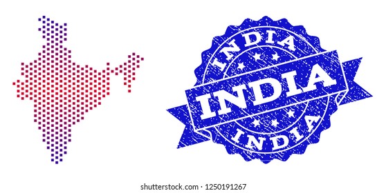 Geographic collage of dotted map of India and grunge seal stamp. Mosaic vector map of India created with square dots and gradient from blue to red color. Flat design for patriotic posters.