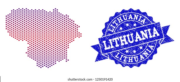 Geographic collage of dotted map of Lithuania and grunge seal. Mosaic vector map of Lithuania formed with square dots and gradient from blue to red color. Flat design for political illustrations.