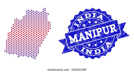 Geographic collage of dotted map of Manipur State and grunge seal. Mosaic vector map of Manipur State designed with square dots and gradient from blue to red color.