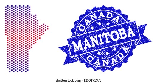 Geographic collage of dotted map of Manitoba Province and grunge seal stamp. Mosaic vector map of Manitoba Province formed with square dots and gradient from blue to red color.