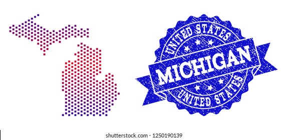 Geographic collage of dotted map of Michigan State and grunge seal stamp. Mosaic vector map of Michigan State formed with square dots and gradient from blue to red color.