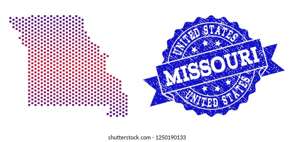 Geographic collage of dotted map of Missouri State and grunge seal stamp. Mosaic vector map of Missouri State composed with square dots and gradient from blue to red color.