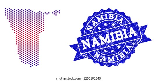Geographic collage of dotted map of Namibia and grunge seal stamp. Mosaic vector map of Namibia designed with square dots and gradient from blue to red color. Flat design for political posters.