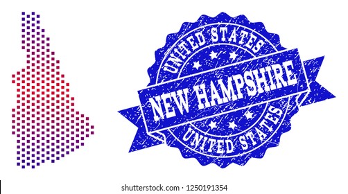 Geographic collage of dotted map of New Hampshire State and grunge seal stamp. Mosaic vector map of New Hampshire State created with square dots and gradient from blue to red color.