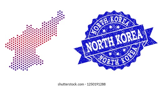 Geographic collage of dotted map of North Korea and grunge stamp. Mosaic vector map of North Korea formed with square dots and gradient from blue to red color. Flat design for political posters.
