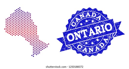 Geographic collage of dotted map of Ontario Province and grunge seal stamp. Mosaic vector map of Ontario Province formed with square dots and gradient from blue to red color.