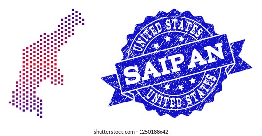 Geographic collage of dotted map of Saipan Island and grunge seal. Mosaic vector map of Saipan Island created with square dots and gradient from blue to red color. Flat design for political purposes.