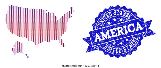 Geographic collage of dotted map of USA and Alaska and grunge seal stamp. Mosaic vector map of USA and Alaska formed with square dots and gradient from blue to red color.