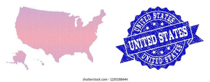 Geographic collage of dotted map of USA territories and grunge stamp. Mosaic vector map of USA territories formed with square dots and gradient from blue to red color.