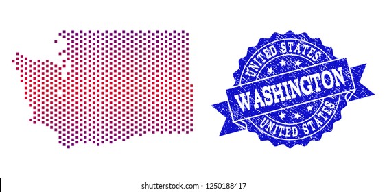 Geographic collage of dotted map of Washington State and grunge stamp. Mosaic vector map of Washington State designed with square dots and gradient from blue to red color.