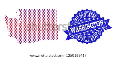 Geographic collage of dotted map of Washington State and grunge stamp. Mosaic vector map of Washington State designed with square dots and gradient from blue to red color.