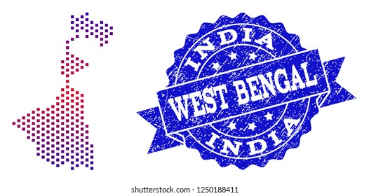 Geographic collage of dotted map of West Bengal State and grunge seal. Mosaic vector map of West Bengal State created with square dots and gradient from blue to red color.