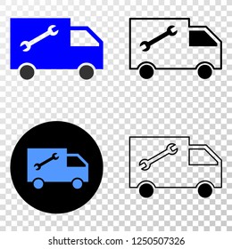 Geographic collage of dotted service van and grunge stamp. Mosaic vector service van designed with square dots and gradient from blue to red color. Flat design for patriotic purposes.