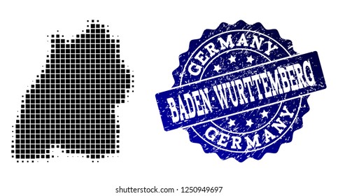 Geographic combination of dot map of Baden-Wurttemberg State and blue grunge seal watermark. Halftone vector map of Baden-Wurttemberg State designed with rectangular pixels.