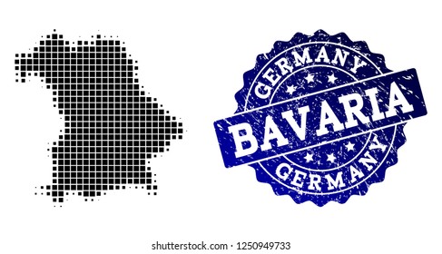 Geographic combination of dot map of Bavaria State and blue grunge seal watermark. Halftone vector map of Bavaria State created with square points. Flat design for political purposes.