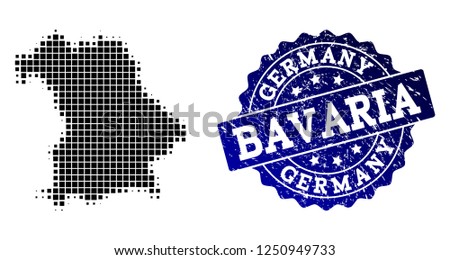 Geographic combination of dot map of Bavaria State and blue grunge seal watermark. Halftone vector map of Bavaria State created with square points. Flat design for political purposes.