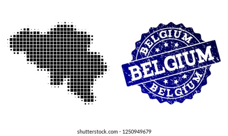 Geographic combination of dot map of Belgium and blue grunge stamp watermark. Halftone vector map of Belgium created with rectangular elements. Flat design for cartographic posters.