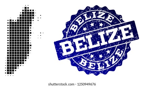 Geographic combination of dot map of Belize and blue grunge seal stamp watermark. Halftone vector map of Belize formed with rectangle dots. Flat design for cartographic posters.