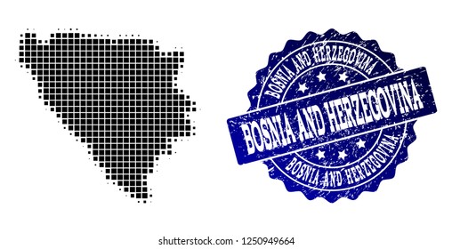 Geographic combination of dot map of Bosnia and Herzegovina and blue grunge seal watermark. Halftone vector map of Bosnia and Herzegovina created with rectangle dots.