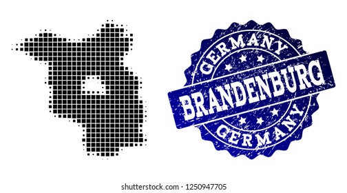 Geographic combination of dot map of Brandenburg State and blue grunge seal imprint. Halftone vector map of Brandenburg State formed with rectangle pixels. Flat design for patriotic posters.