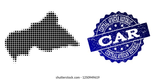 Geographic combination of dot map of Central African Republic and blue grunge stamp watermark. Halftone vector map of Central African Republic composed with square pixels.