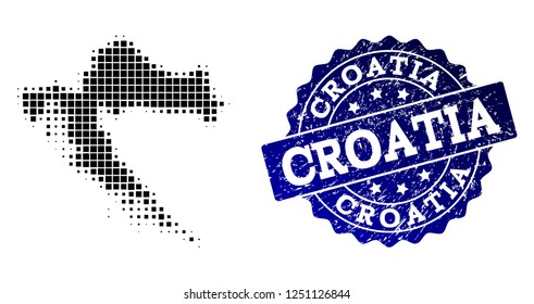 Geographic combination of dot map of Croatia and blue grunge seal stamp watermark. Halftone vector map of Croatia formed with square pixels. Flat design for cartographic illustrations.