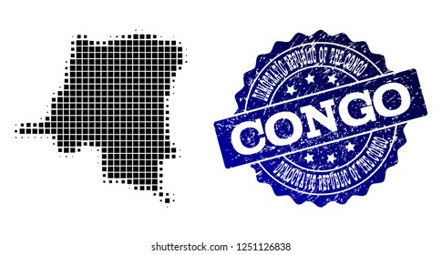 Geographic combination of dot map of Democratic Republic of the Congo and blue grunge stamp watermark. Halftone vector map of Democratic Republic of the Congo created with rectangle mosaic items.