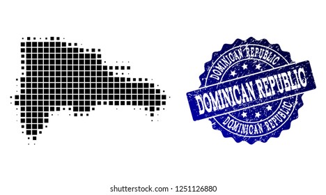 Geographic combination of dot map of Dominican Republic and blue grunge stamp imprint. Halftone vector map of Dominican Republic composed with square dots. Flat design for patriotic posters.