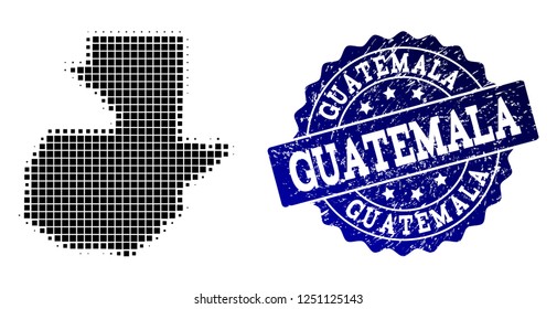 Geographic combination of dot map of Guatemala and blue grunge stamp watermark. Halftone vector map of Guatemala composed with rectangle mosaic items. Flat design for political purposes.