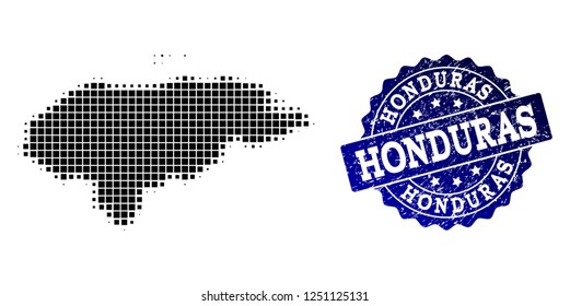 Geographic combination of dot map of Honduras and blue grunge stamp watermark. Halftone vector map of Honduras designed with square points. Flat design for patriotic purposes.