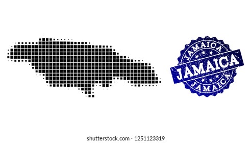 Geographic combination of dot map of Jamaica and blue grunge seal watermark. Halftone vector map of Jamaica designed with rectangular pixels. Flat design for patriotic illustrations.