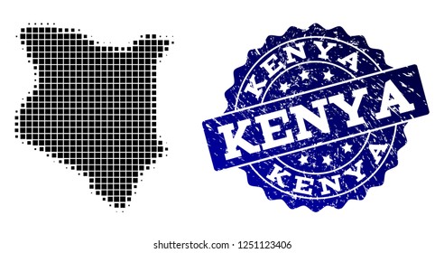 Geographic combination of dot map of Kenya and blue grunge seal stamp imprint. Halftone vector map of Kenya created with rectangle points. Flat design for infographic purposes.