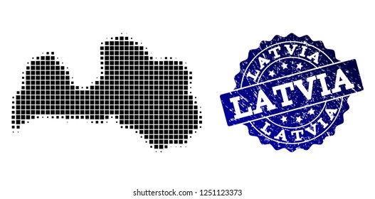 Geographic combination of dot map of Latvia and blue grunge seal stamp watermark. Halftone vector map of Latvia formed with square points. Flat design for cartographic purposes.