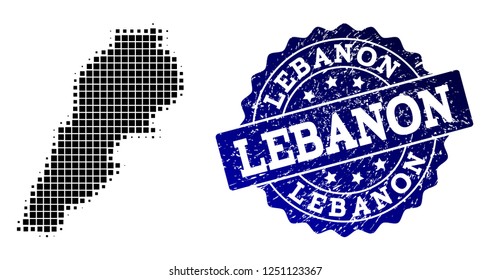 Geographic combination of dot map of Lebanon and blue grunge seal imprint. Halftone vector map of Lebanon created with rectangular elements. Flat design for patriotic illustrations.
