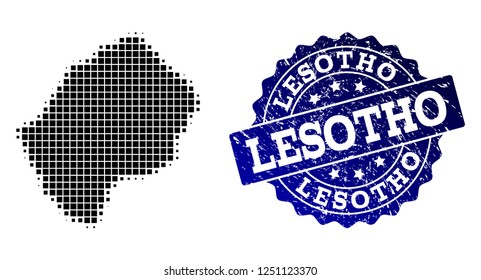 Geographic combination of dot map of Lesotho and blue grunge seal watermark. Halftone vector map of Lesotho designed with rectangular points. Flat design for cartographic illustrations.