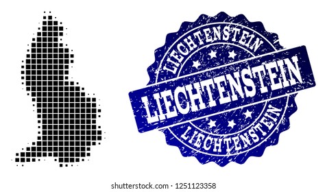 Geographic combination of dot map of Liechtenstein and blue grunge seal stamp imprint. Halftone vector map of Liechtenstein formed with rectangular elements. Flat design for patriotic purposes.