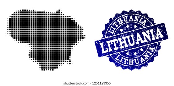 Geographic combination of dot map of Lithuania and blue grunge stamp watermark. Halftone vector map of Lithuania composed with rectangle pixels. Flat design for cartographic illustrations.