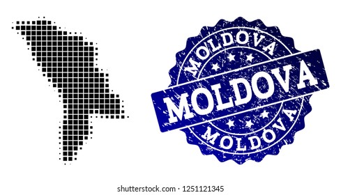Geographic combination of dot map of Moldova and blue grunge seal stamp watermark. Halftone vector map of Moldova designed with rectangle mosaic items. Flat design for cartographic purposes.